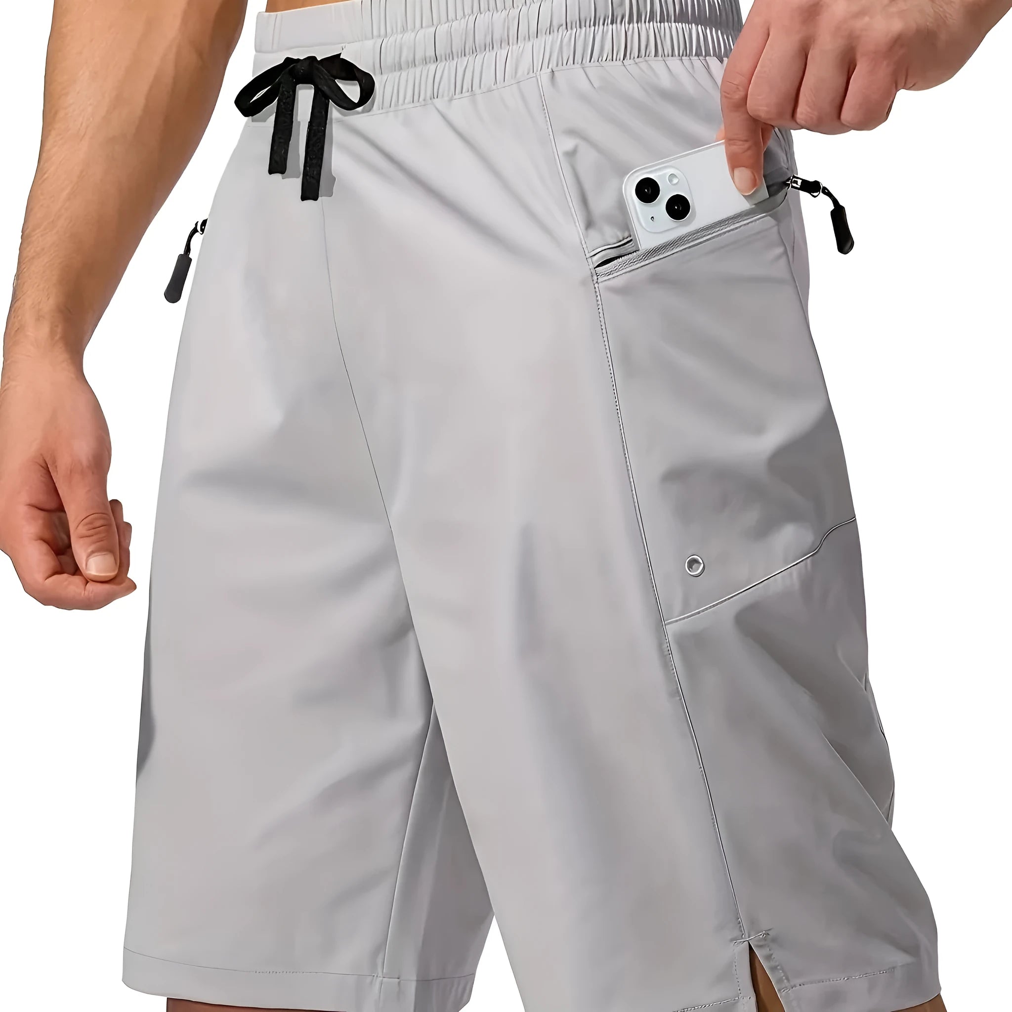 Men's solid colour quick-drying polyester beach shorts in straight cut
