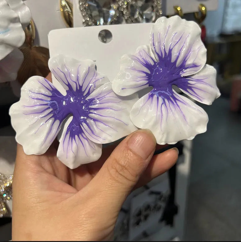 Pastoral style alloy earrings with oil-spot glaze floral designs in four colour options