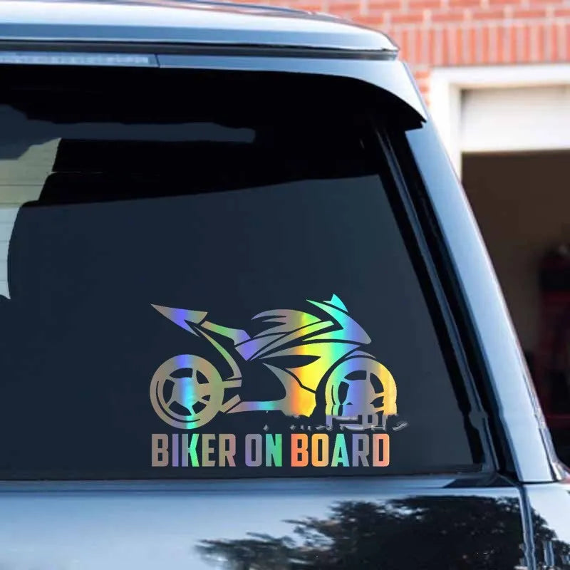Motorcycle reflective safety sticker in PET material showing colour options and 14x20cm 10x15cm size comparison