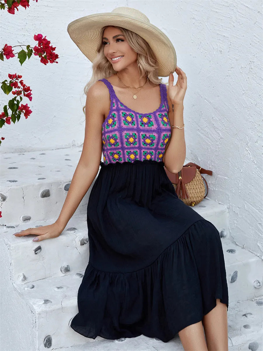 Purple women's sleeveless dress with detailed hand-hooked white floral embroidery on the skirt.