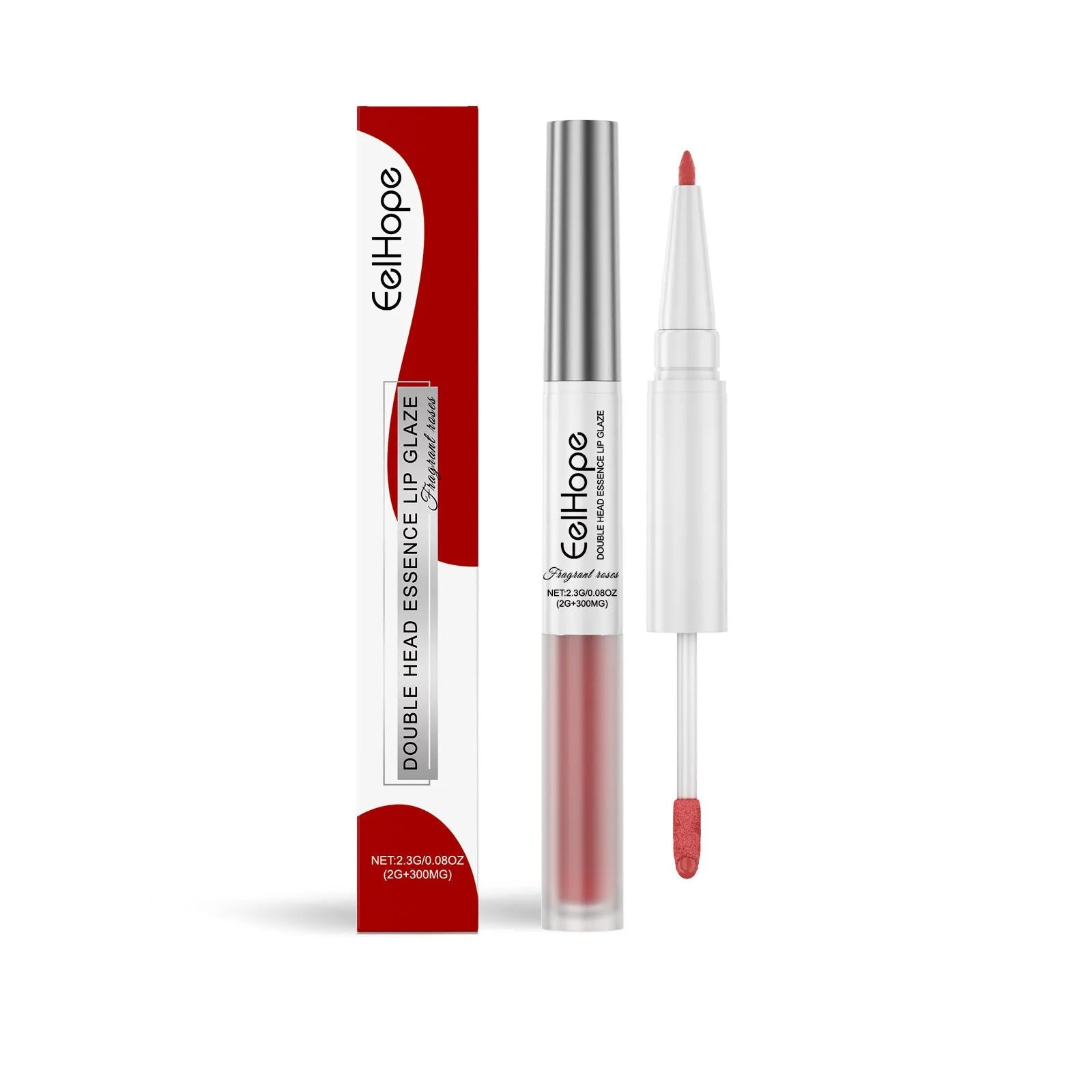 Double-headed lip liner and lip lacquer pen with three colour options displayed