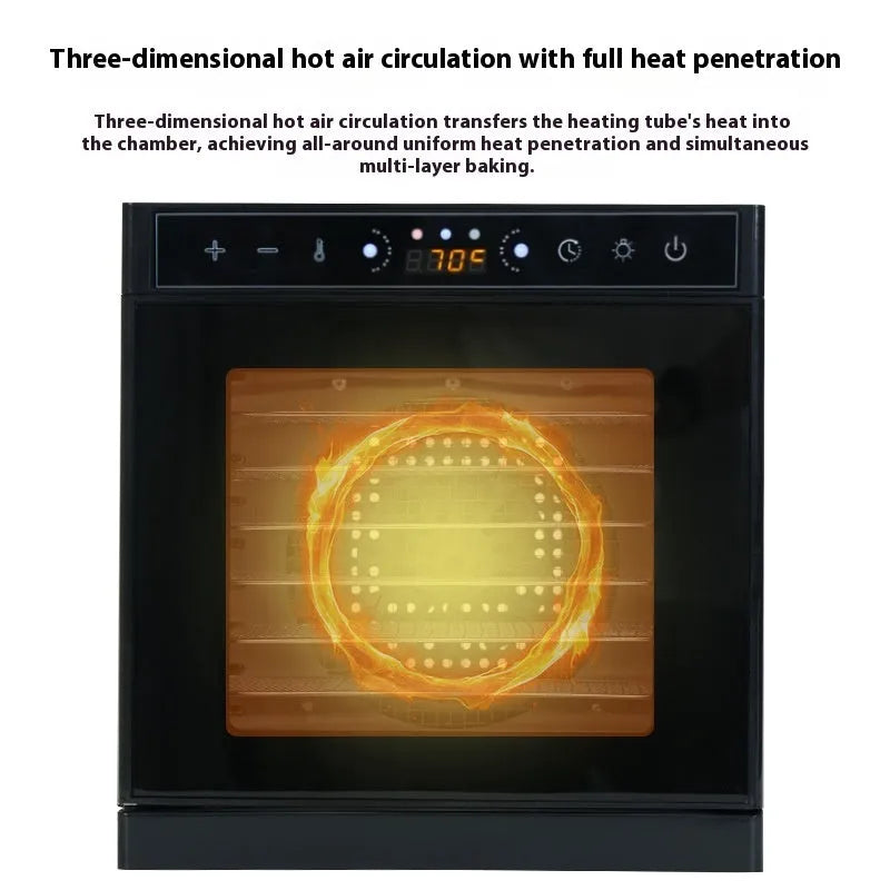 Stainless steel fruit dehydrator with clear viewing skylight and LED control panel