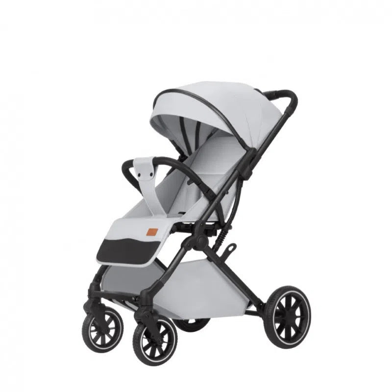 Lightweight folding baby stroller with four-wheel shock absorbers, iron frame, available in black, dark gray, light gray, and khaki