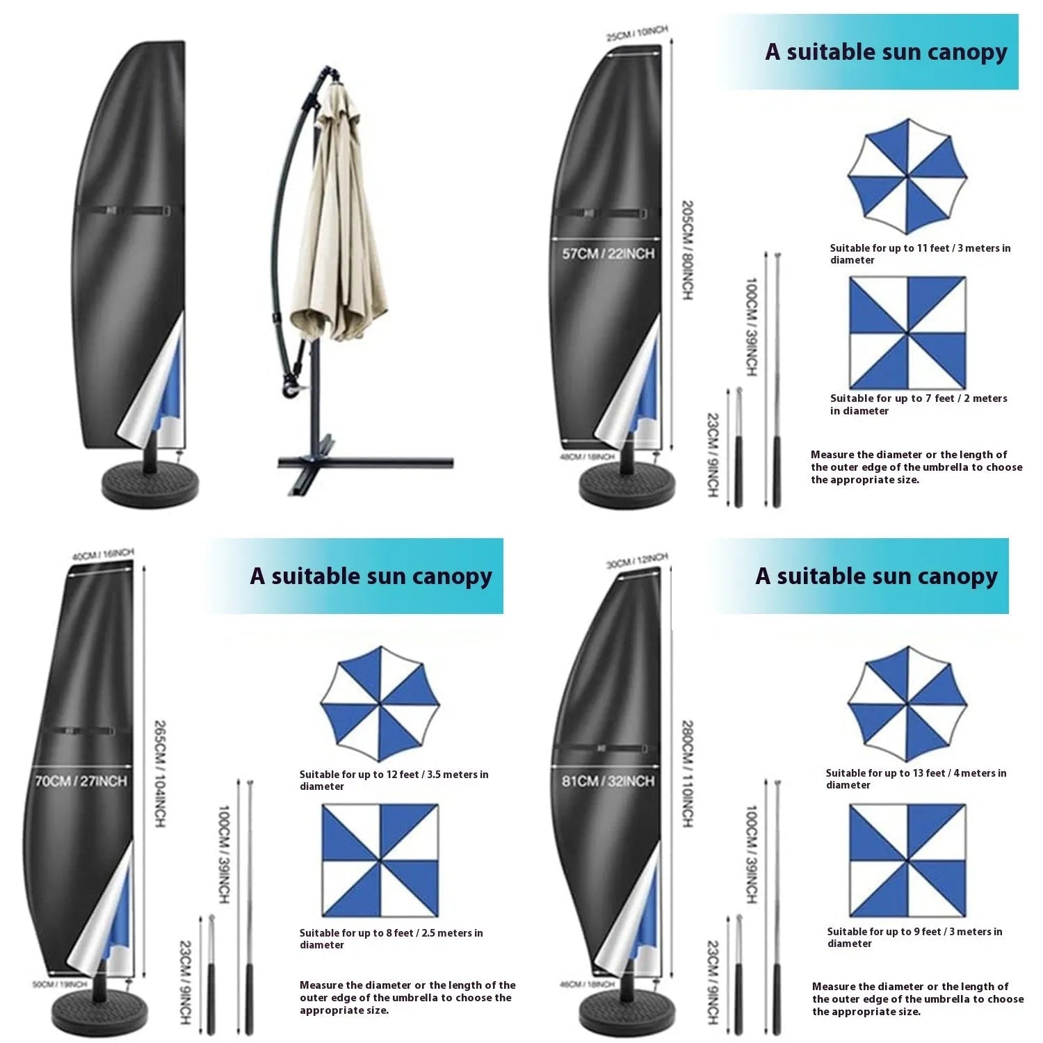 Grey waterproof offset banana-shaped umbrella cover made from Oxford cloth shown protecting outdoor furniture.