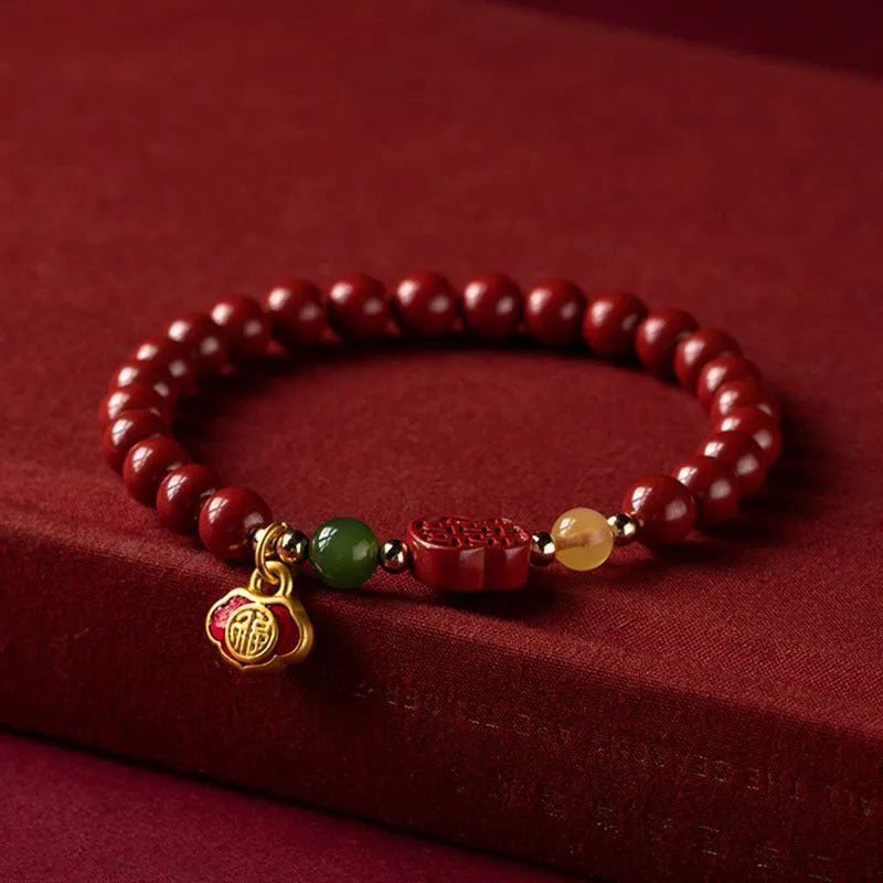 Happy Eyebrow Bracelet with raw emperor sandstone beads and fu character in New Chinese style