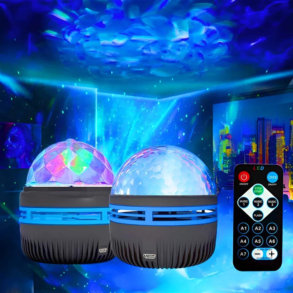 LED galaxy projector night light with rotating colourful stars, showing USB cable and removable acrylic shade.