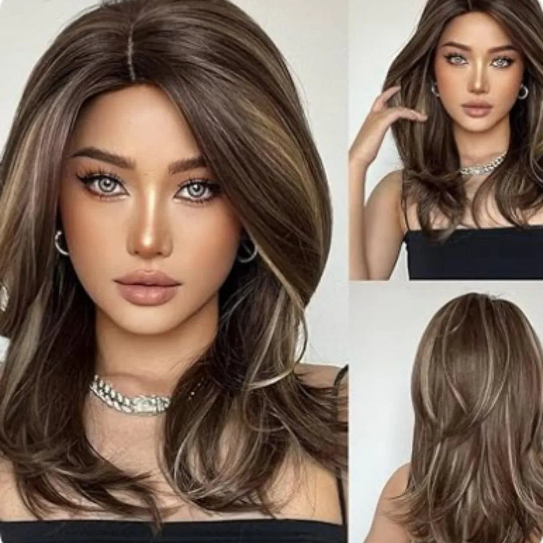 Mid-length platinum gradient curly wig with long bangs in high-temperature fibre.