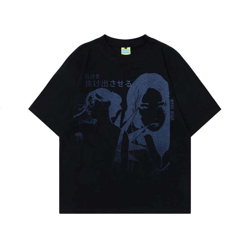 Men's grey retro character design cotton T-shirt on hanger