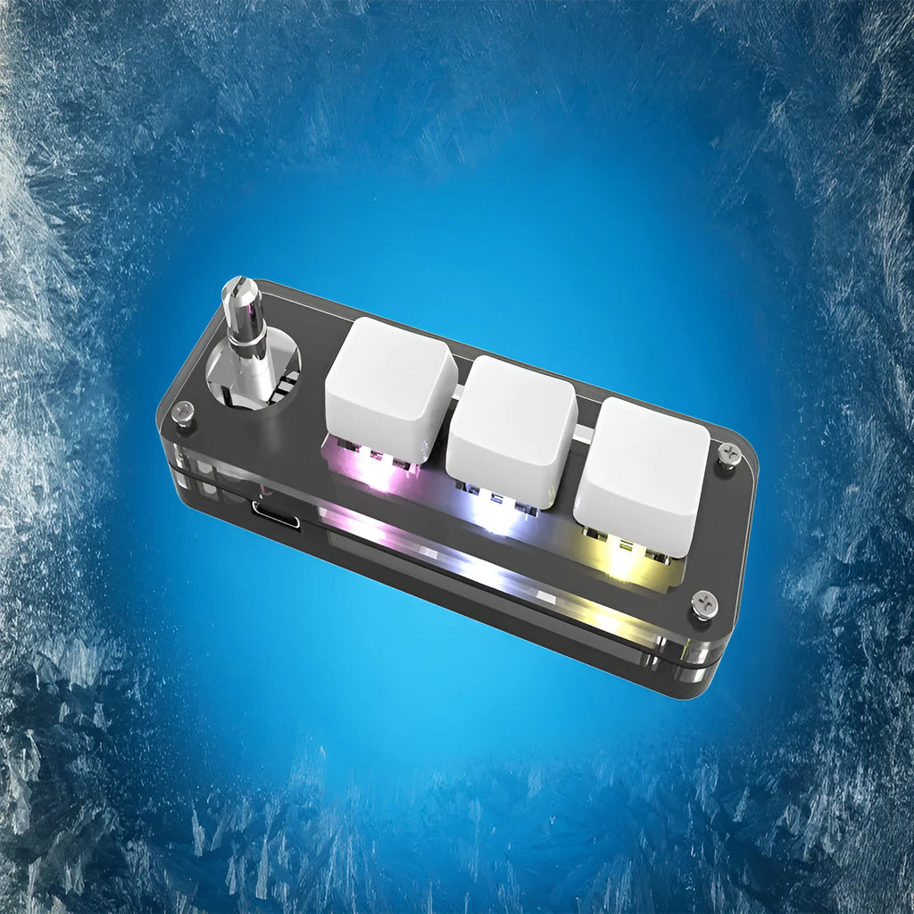 Black custom keypad with RGB backlit keys for copy and paste functions on a desk