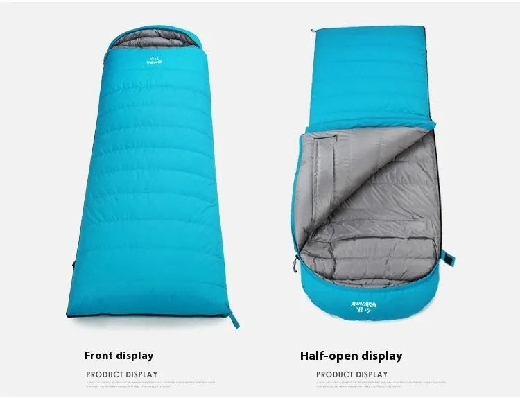 Black outdoor sleeping bag with goose down filler and tear-resistant nylon fabric for adult camping use