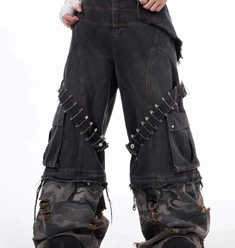 Men's grey and camouflage cotton jeans with splicing panel design and pin ribbon details.
