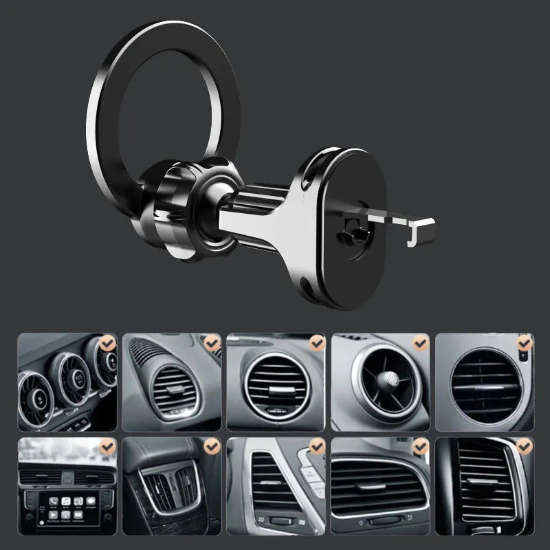 Black magnetic car phone holder with O-ring bracket for air vent mounting