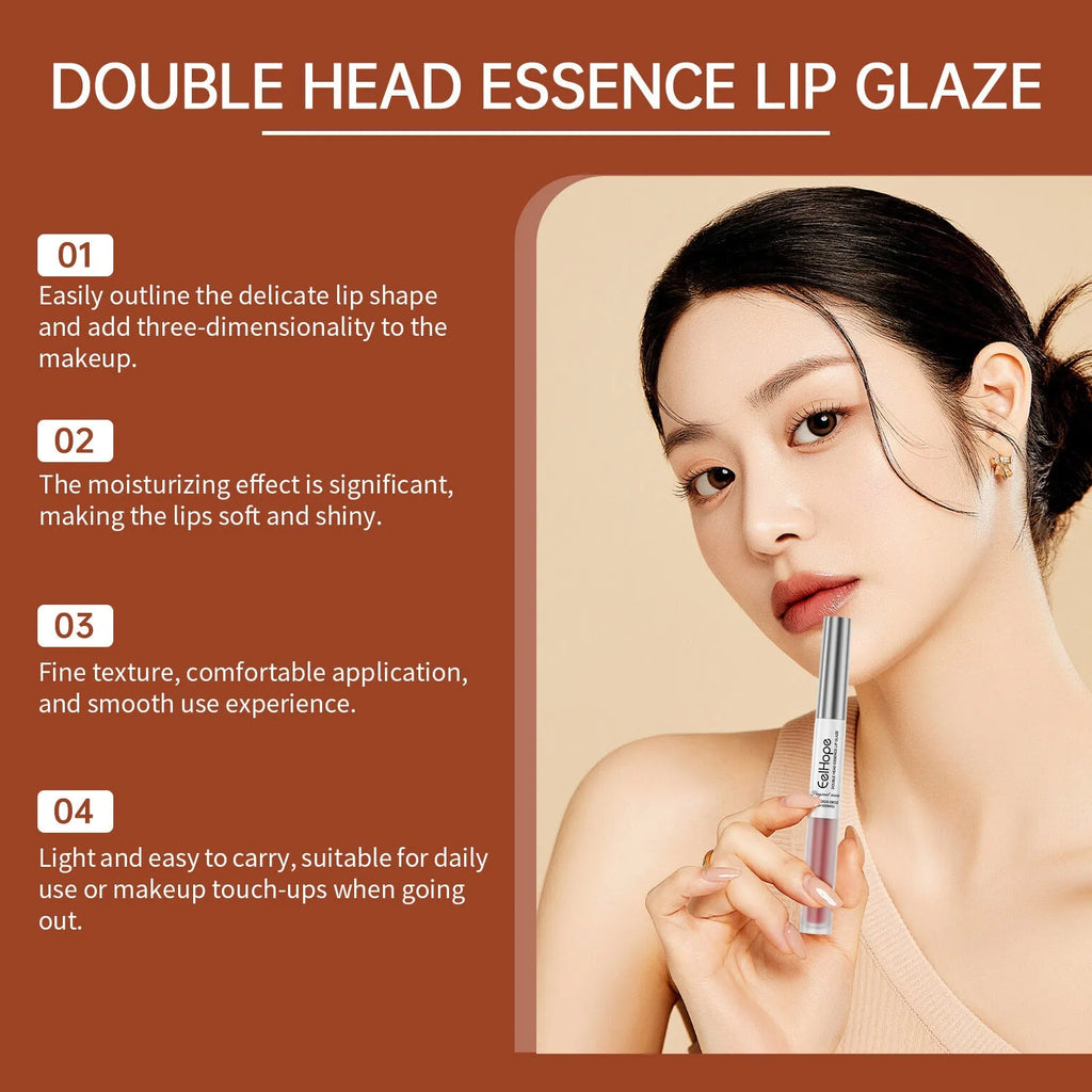 Double-headed lip liner and lip lacquer pen with three colour options displayed