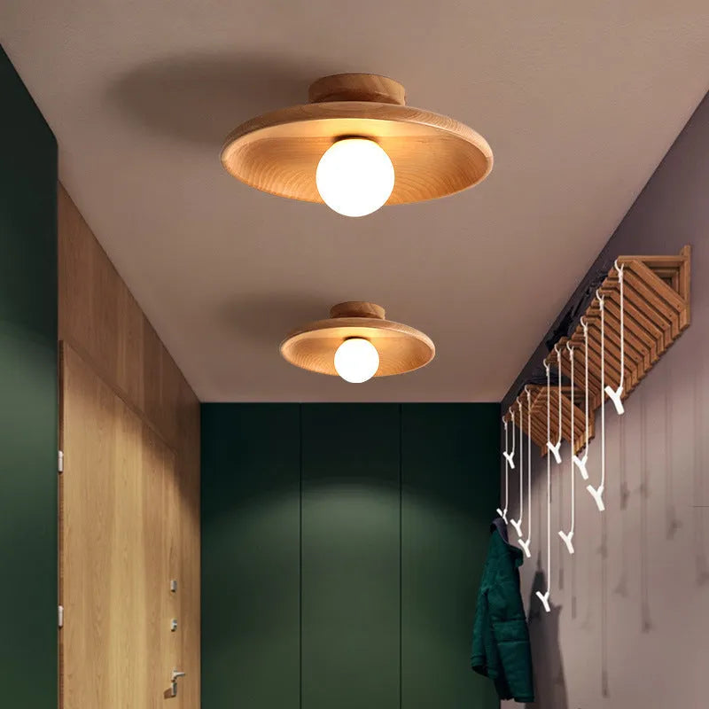 Minimalist solid wood and glass ceiling lamp in a walnut colour finish