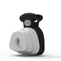 Blue handheld dog pooper scooper with clip and bag dispenser on a green background.