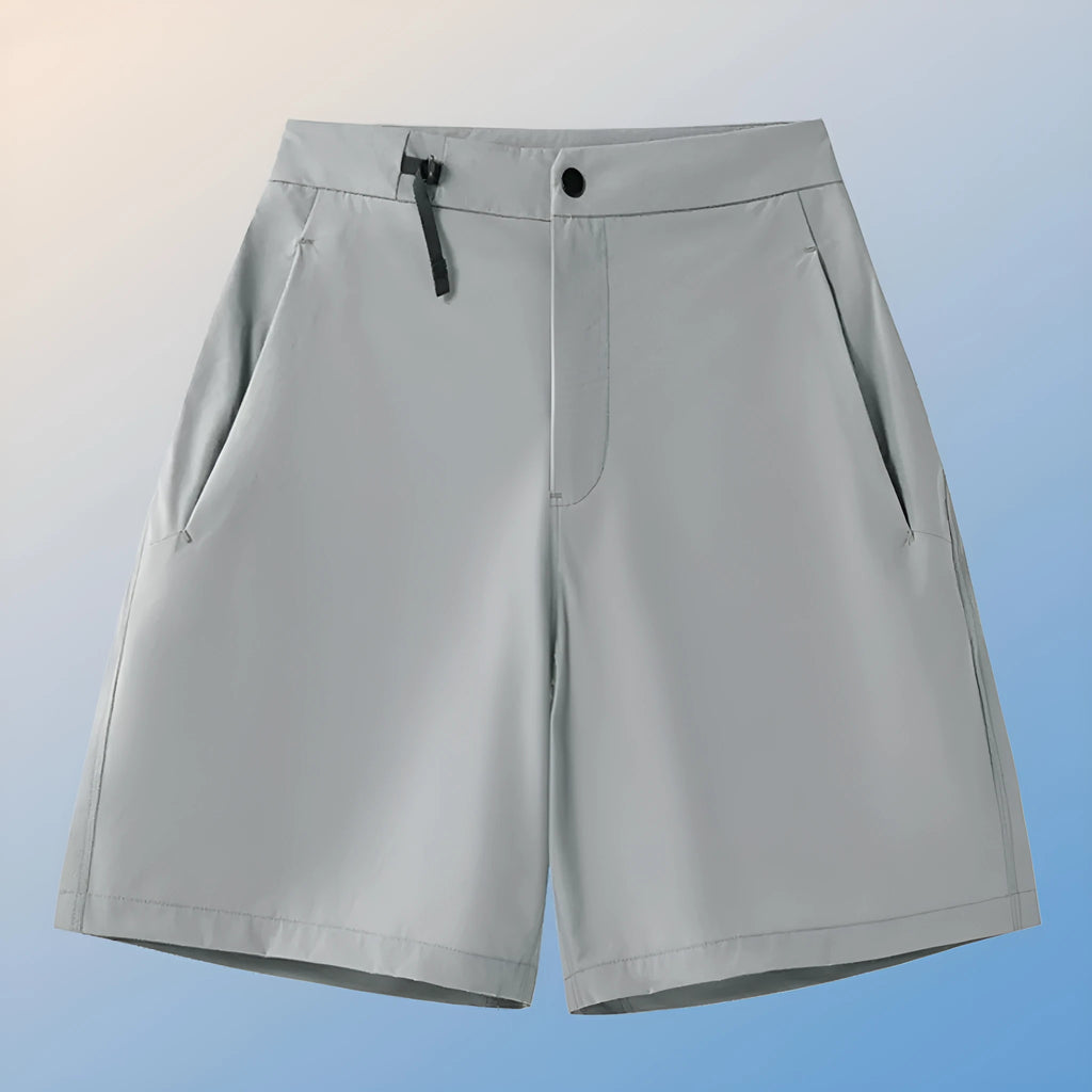 Men's quick-drying sports shorts in Army Green colour on a grey background.