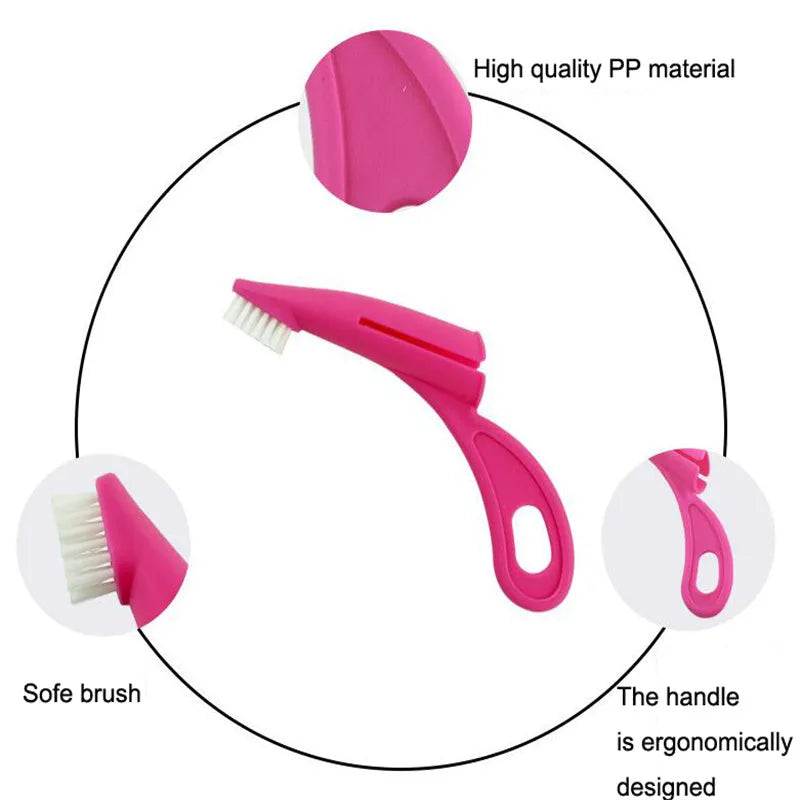 Red and white pet finger toothbrush with silicone bristles for dog and cat dental care.