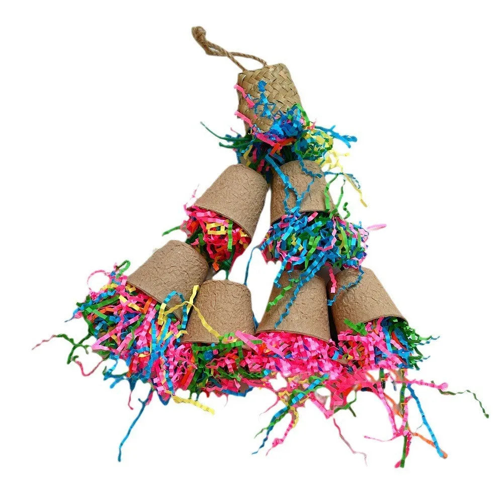 Parrot gnawing toy made from woven palm paper cup material, hanging at 38cm.