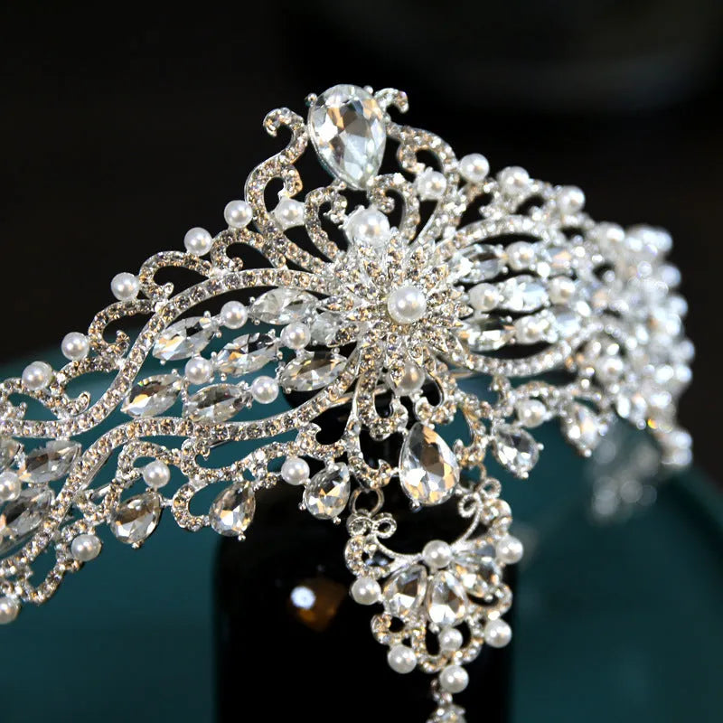 Baroque bride crown headwear silver alloy with electroplated finish dotted pearl and quota decoration 15cm diameter 7.5cm height