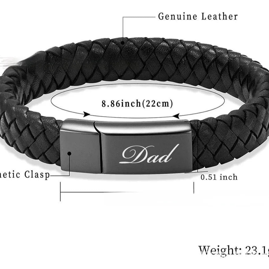 Black stainless steel and leather cinerary bracelet with engraved text, presented in a gift box.