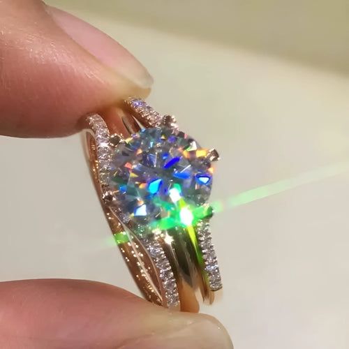 18K gold Mosonite matching ring with D colour stone in rose gold finish on white background