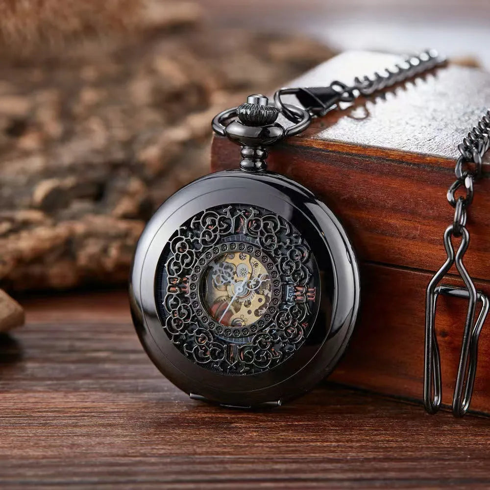 Retro floral print automatic mechanical pocket watch with transparent case back on alloy strap.