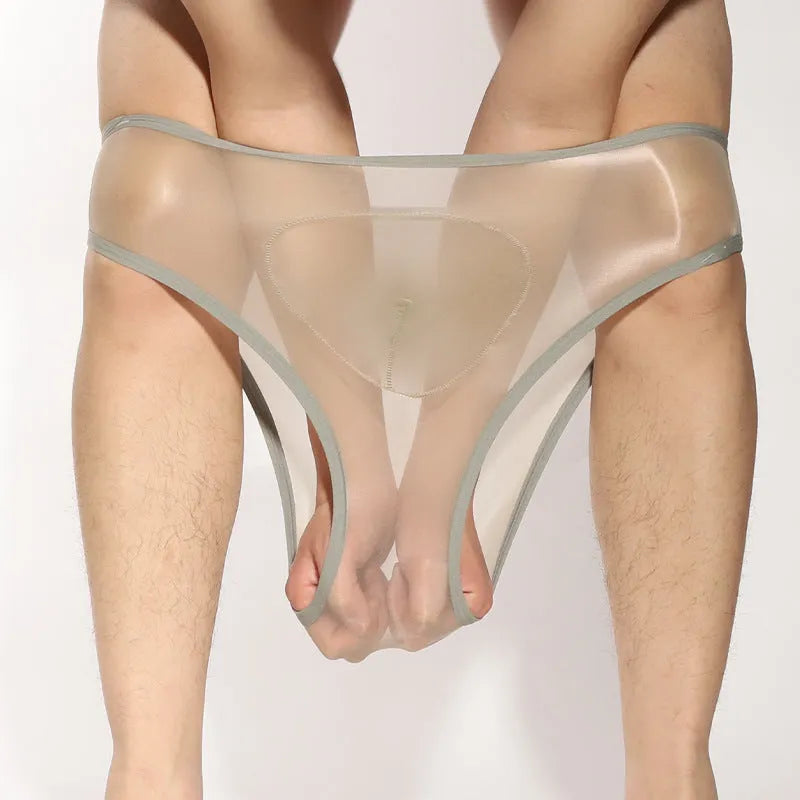Ultra-thin silky nylon men's briefs with bullet separation design in multiple colour options.