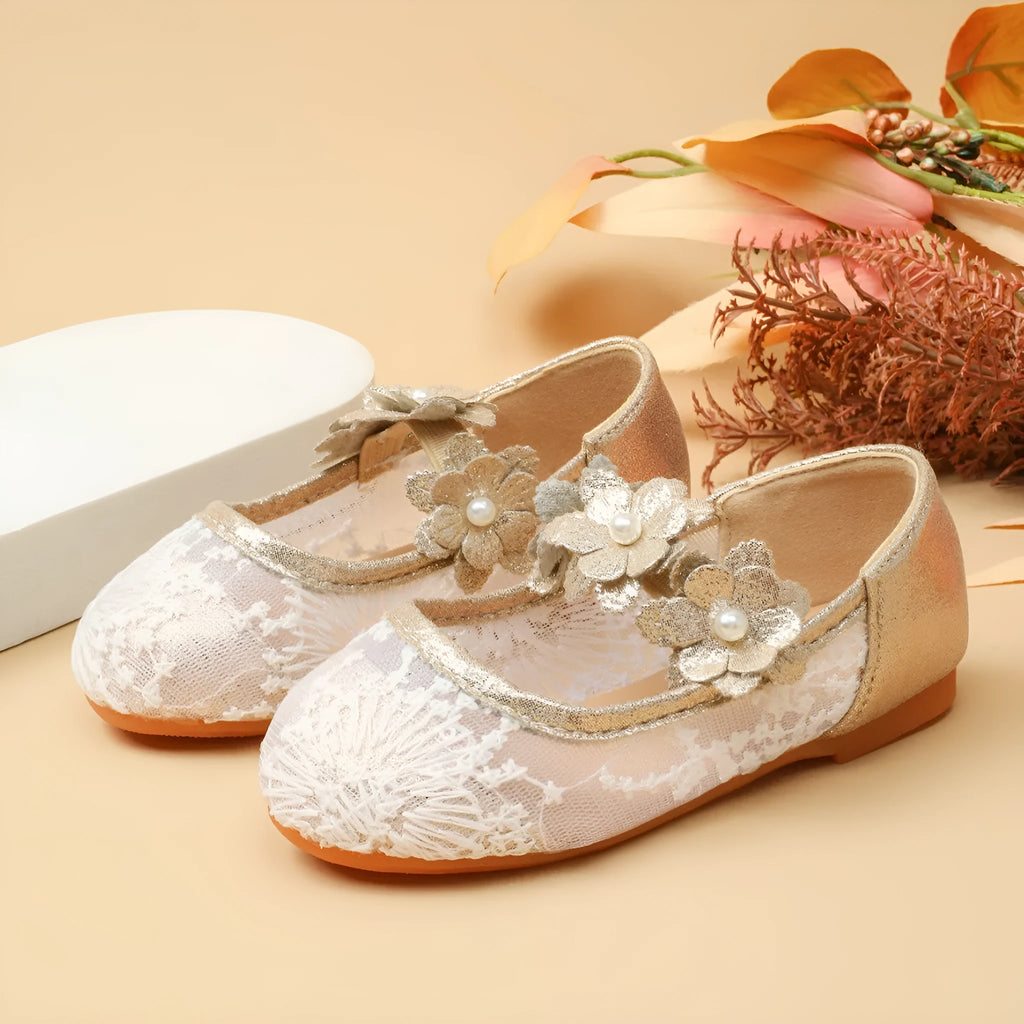 Gold children's traditional Chinese embroidered floral princess shoes with PU leather upper and rubber sole