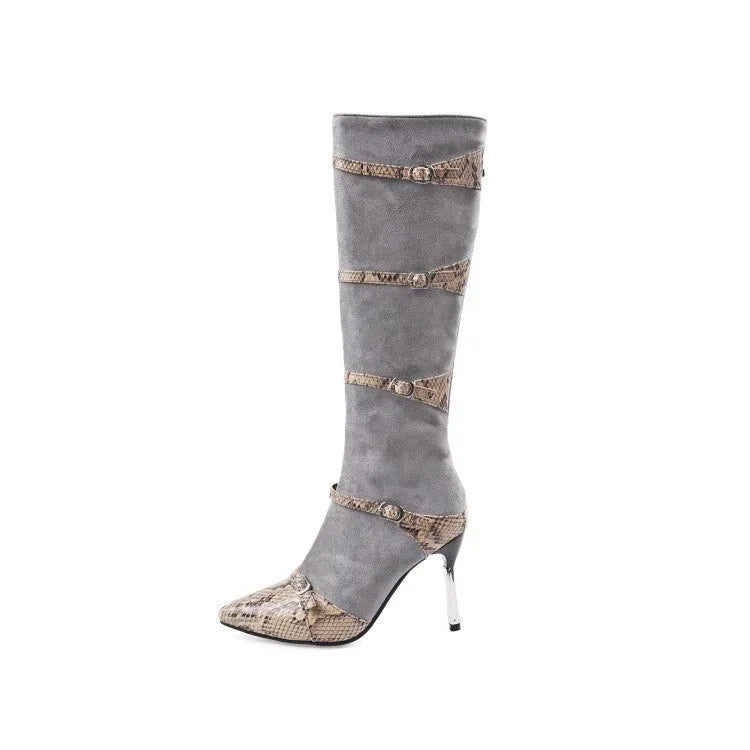 Grey and black women's knee-high high-heel boots with a 9cm heel and 33cm shaft.