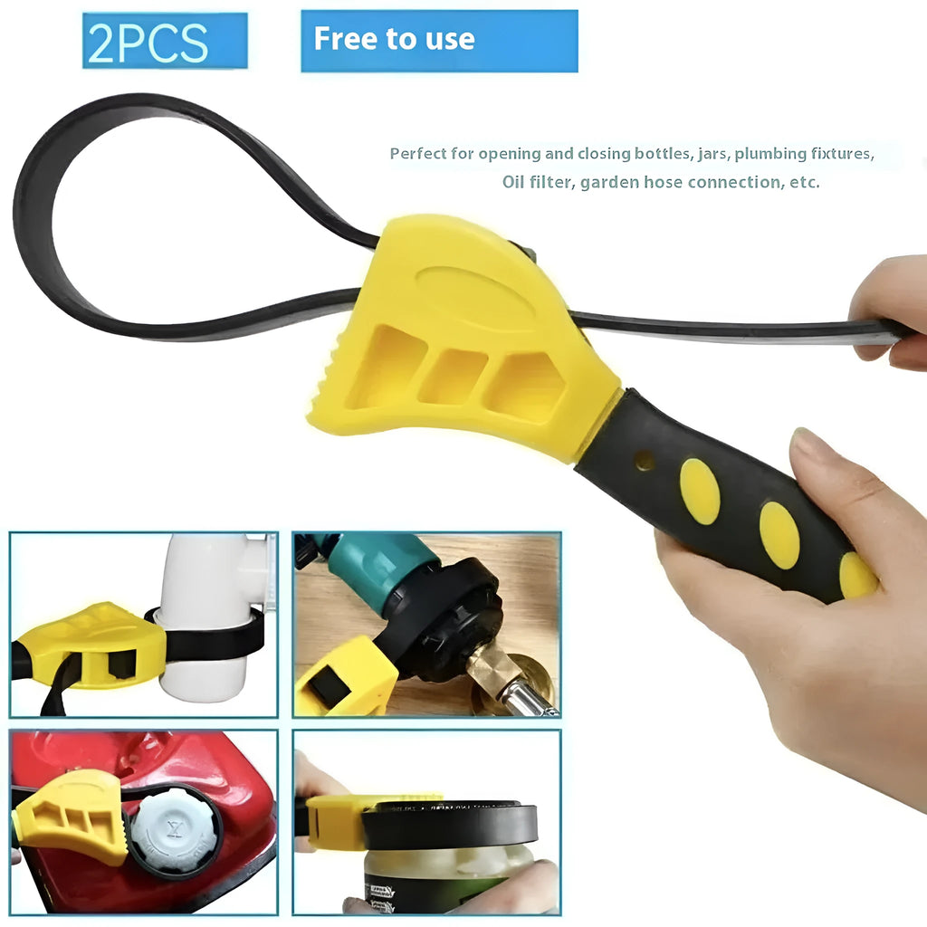 A 6-inch and an 8-inch adjustable rubber strap wrench with a phosphated metal handle.