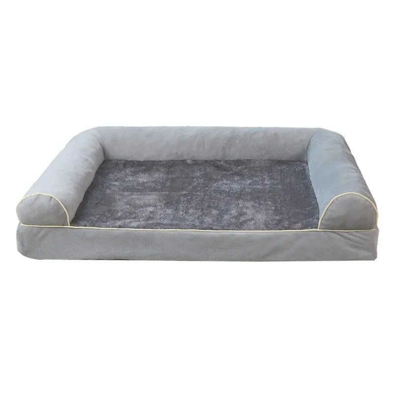Square sponge dog bed with cloth cover in blue colour showing dimensions