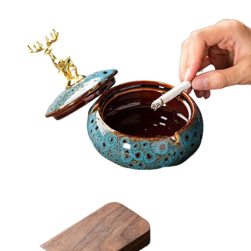 Ceramic ashtray with lid, kiln baked blue finish, simple home smoking accessory