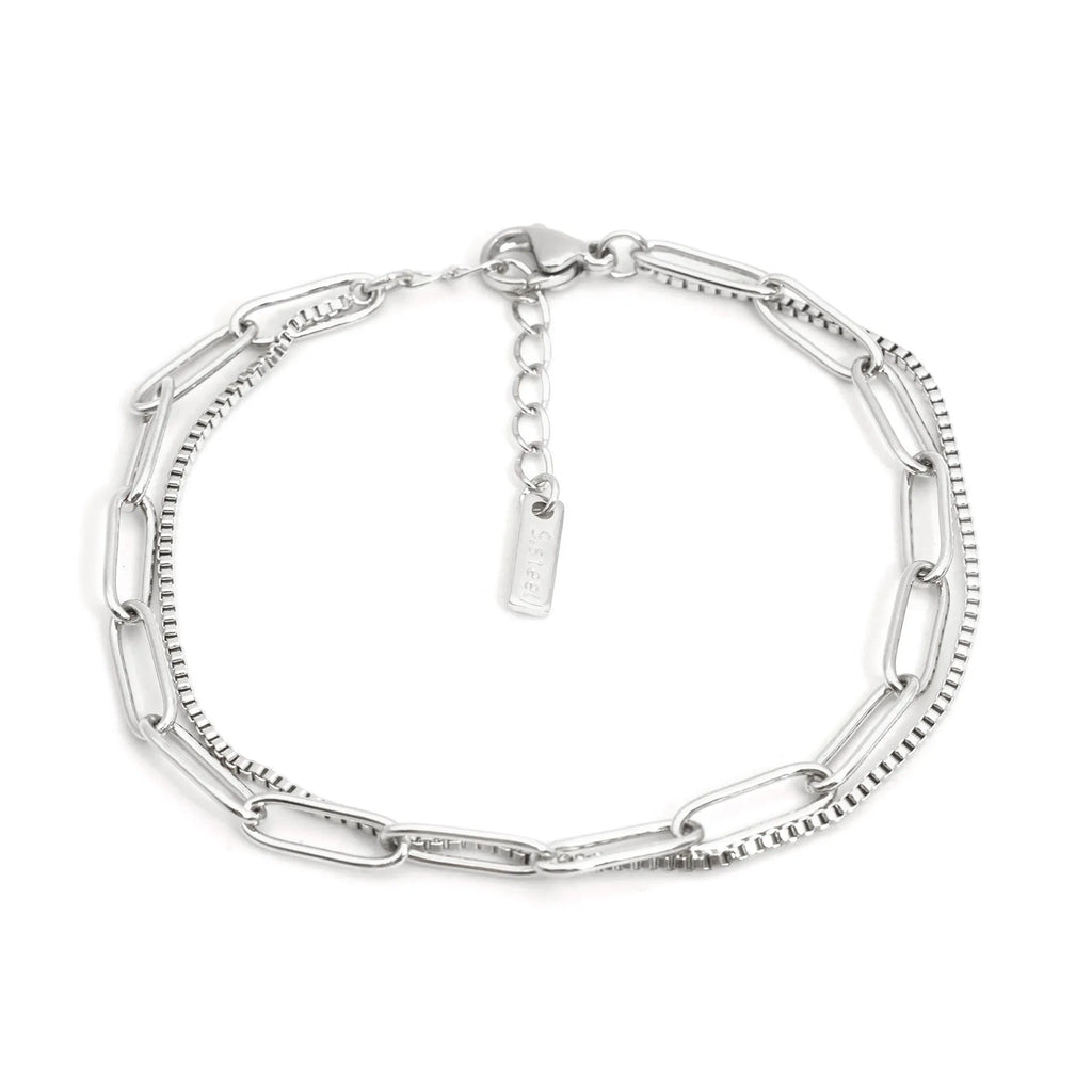 Double layer titanium steel women's bracelet with geometric line pattern in gold or silver finish