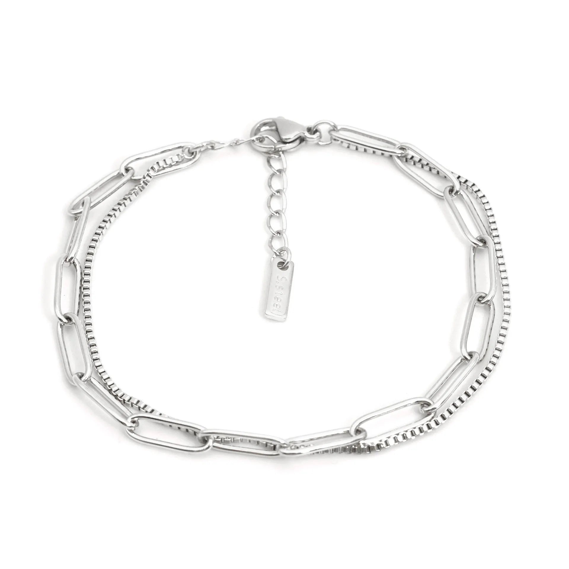 Double layer titanium steel women's bracelet with geometric line pattern in gold or silver finish