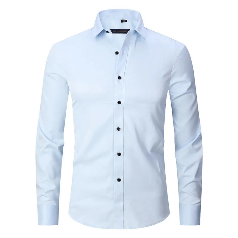 Men's stretch long sleeve work shirt in polyester fabric shown in multiple colour options