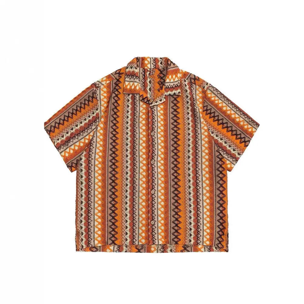 Ethnic style woven Cuban collar shirt with colour contrast and drop-shoulder sleeves