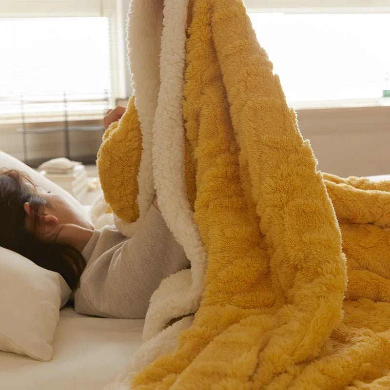 Polyester thermal flannel winter blanket in beige colour, laid flat showing its 180x200cm size and textured fabric.