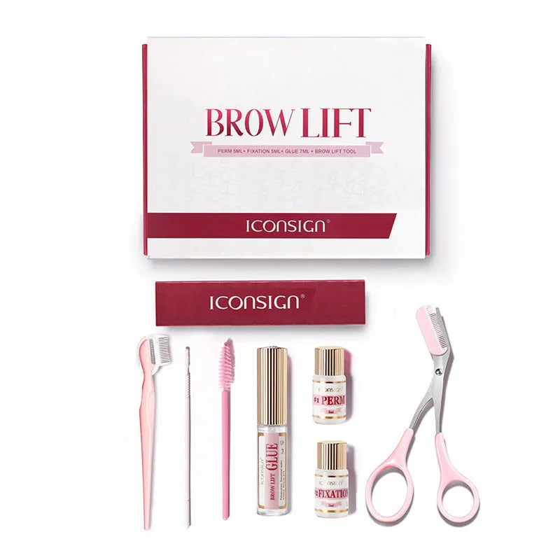 Pink eyebrow quick ironing tool and suit from an eyebrow perm and keratosis treatment kit.