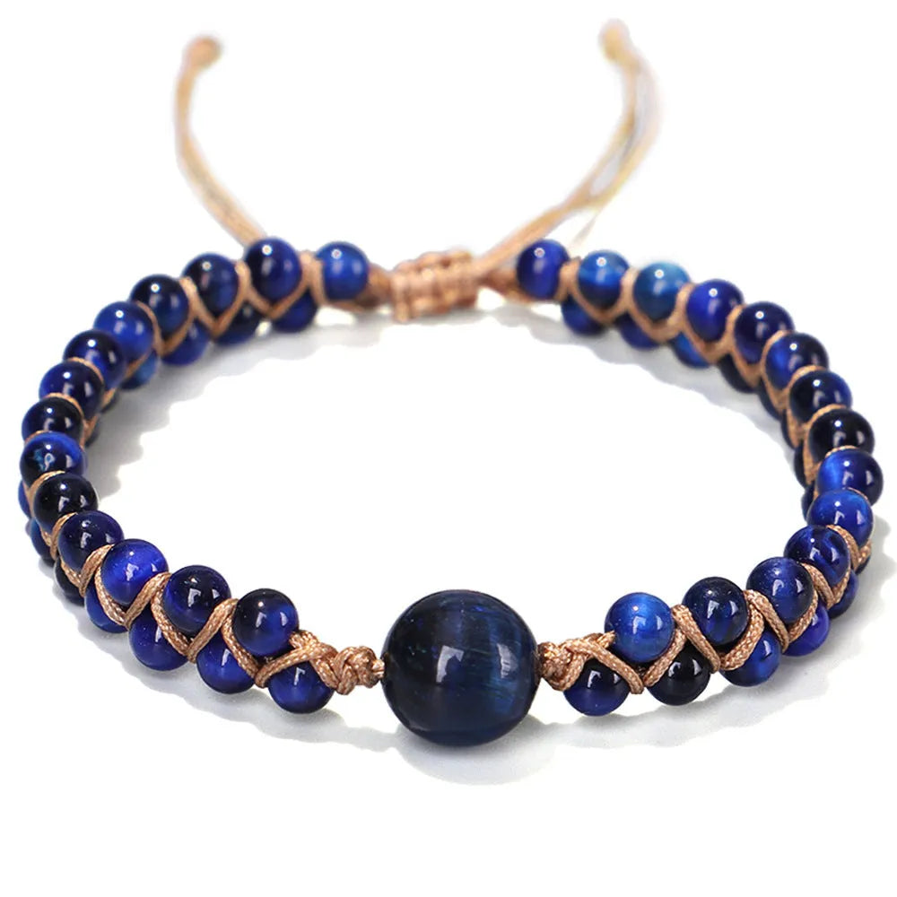 Handmade woven pull bracelet with tigereye and amethyst beads in geometric pattern