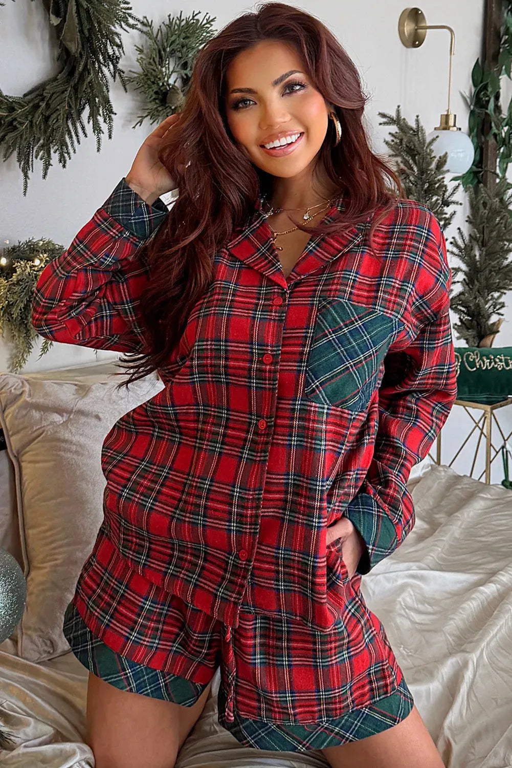 Red plaid contrast patched Christmas pajama set with long sleeve shirt and matching shorts