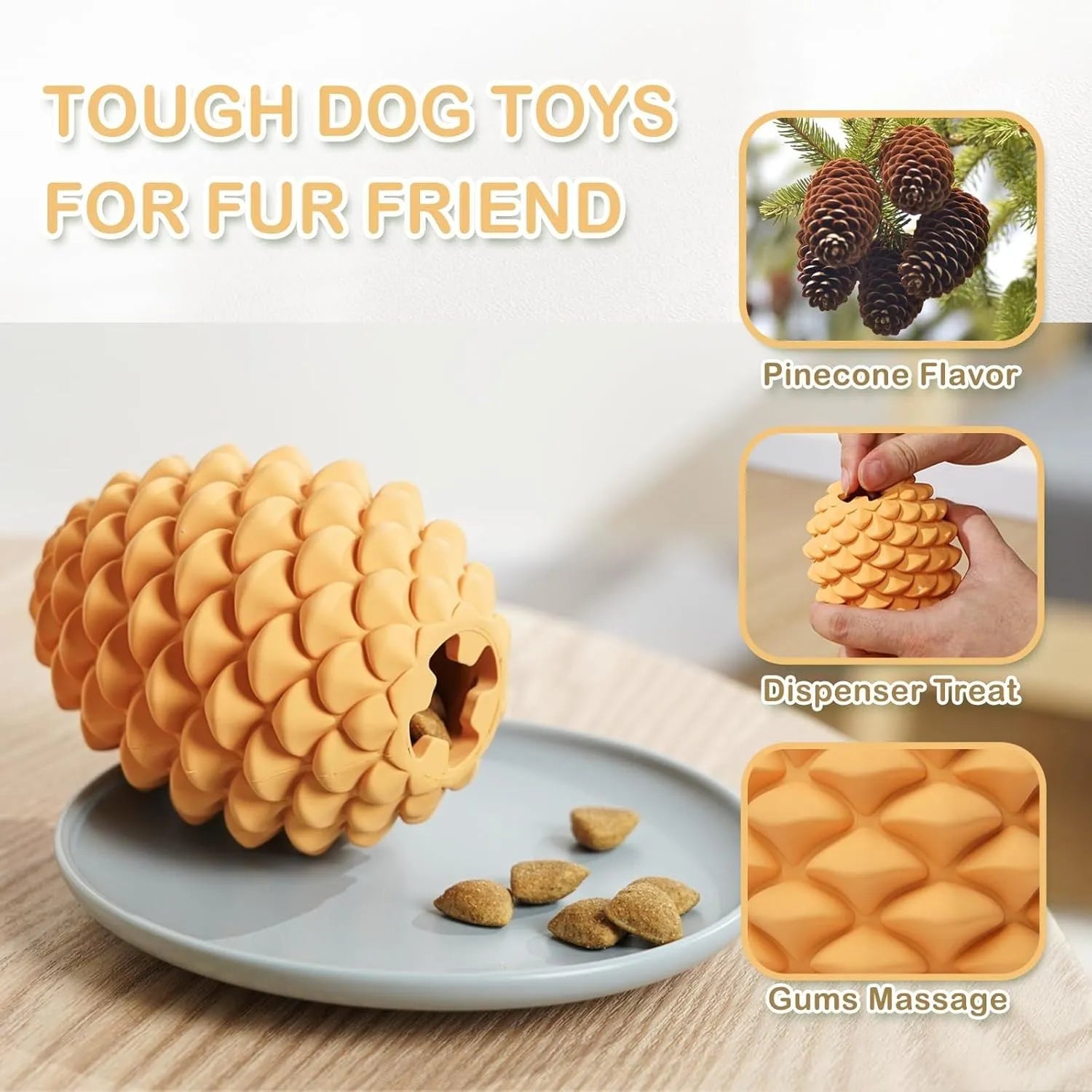 Yellow pine cone-shaped natural rubber dog toy with treat dispenser for medium and large dogs