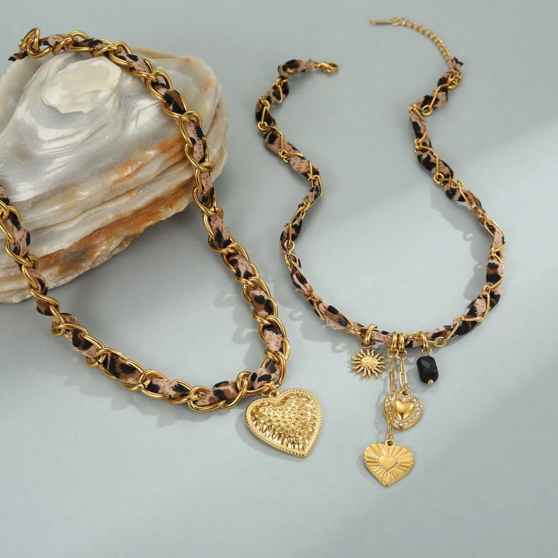 Geometric leopard and love pendant necklace on adjustable stainless steel chain with 18K electroplating