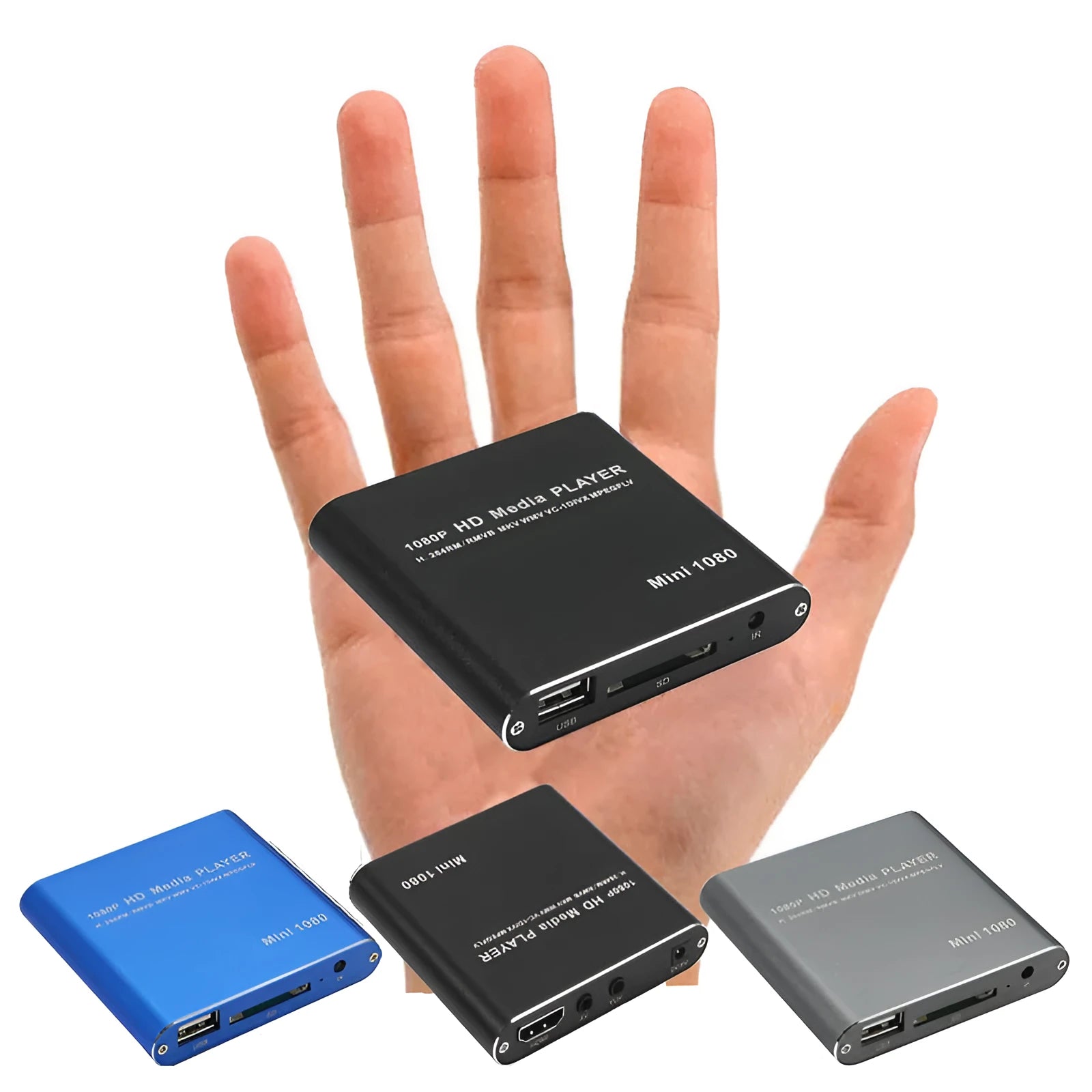 Blue 1080P Full HD media player with HDMI port USB and SD card slots compact metal body