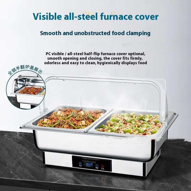 Stainless steel electric buffet stove with transparent flip-top lid and LCD temperature control display