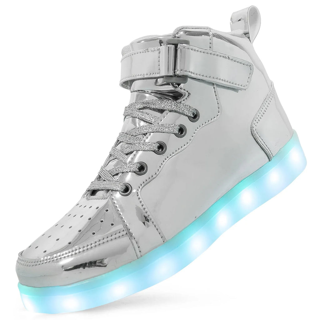 Man and woman wearing black and white high-top LED light-up sneakers with illuminated soles at an event.