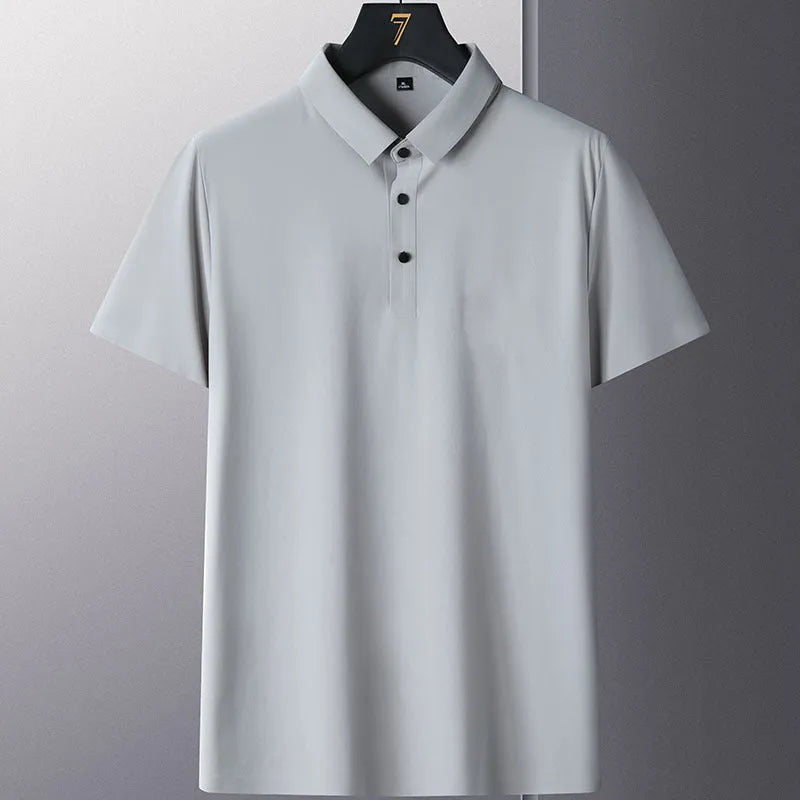 Men's non-ironing solid colour short sleeve business casual top on a hanger