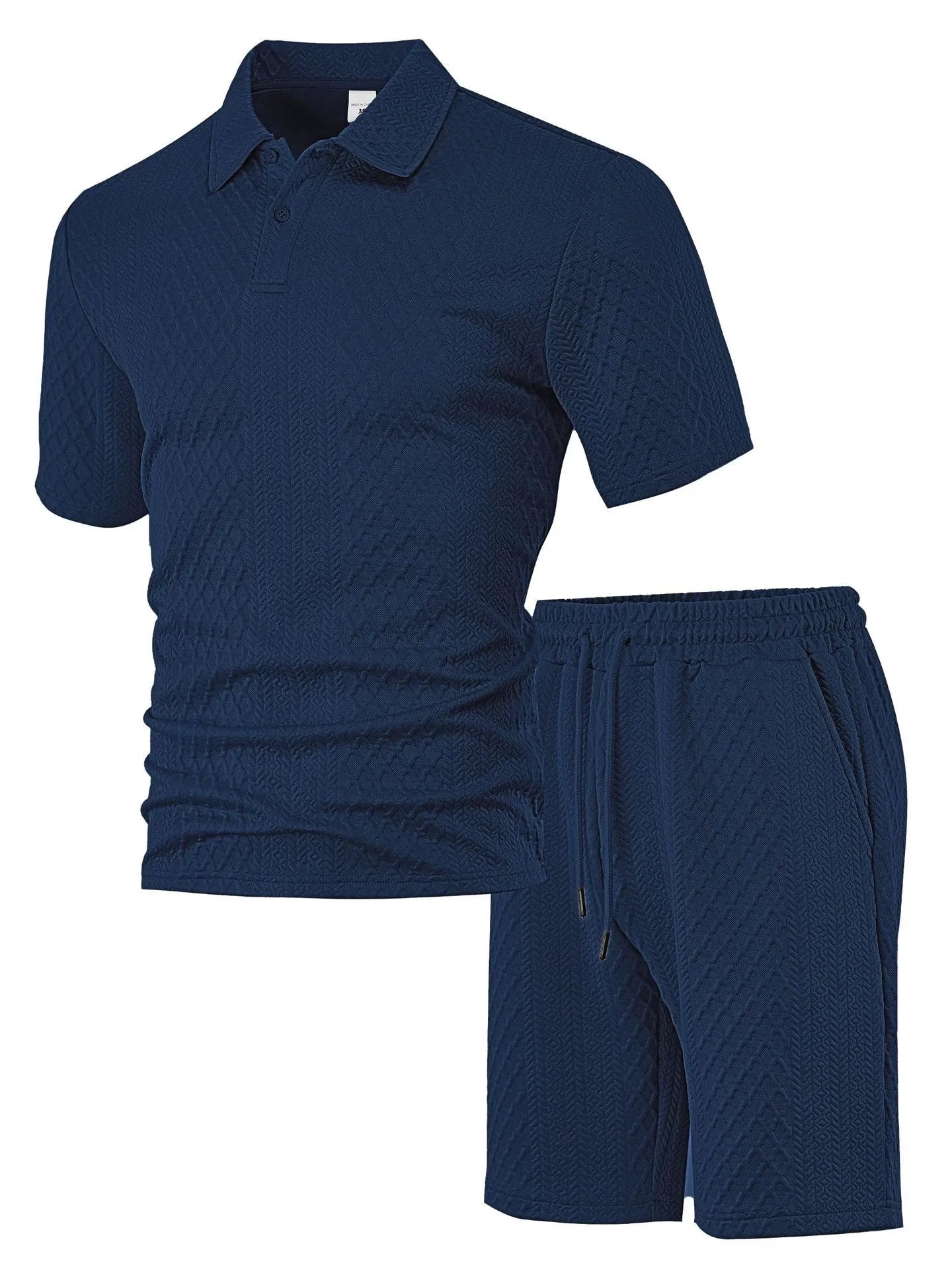 Men's patterned cloth casual suit set featuring a short sleeve polo shirt and trousers on a hanger.