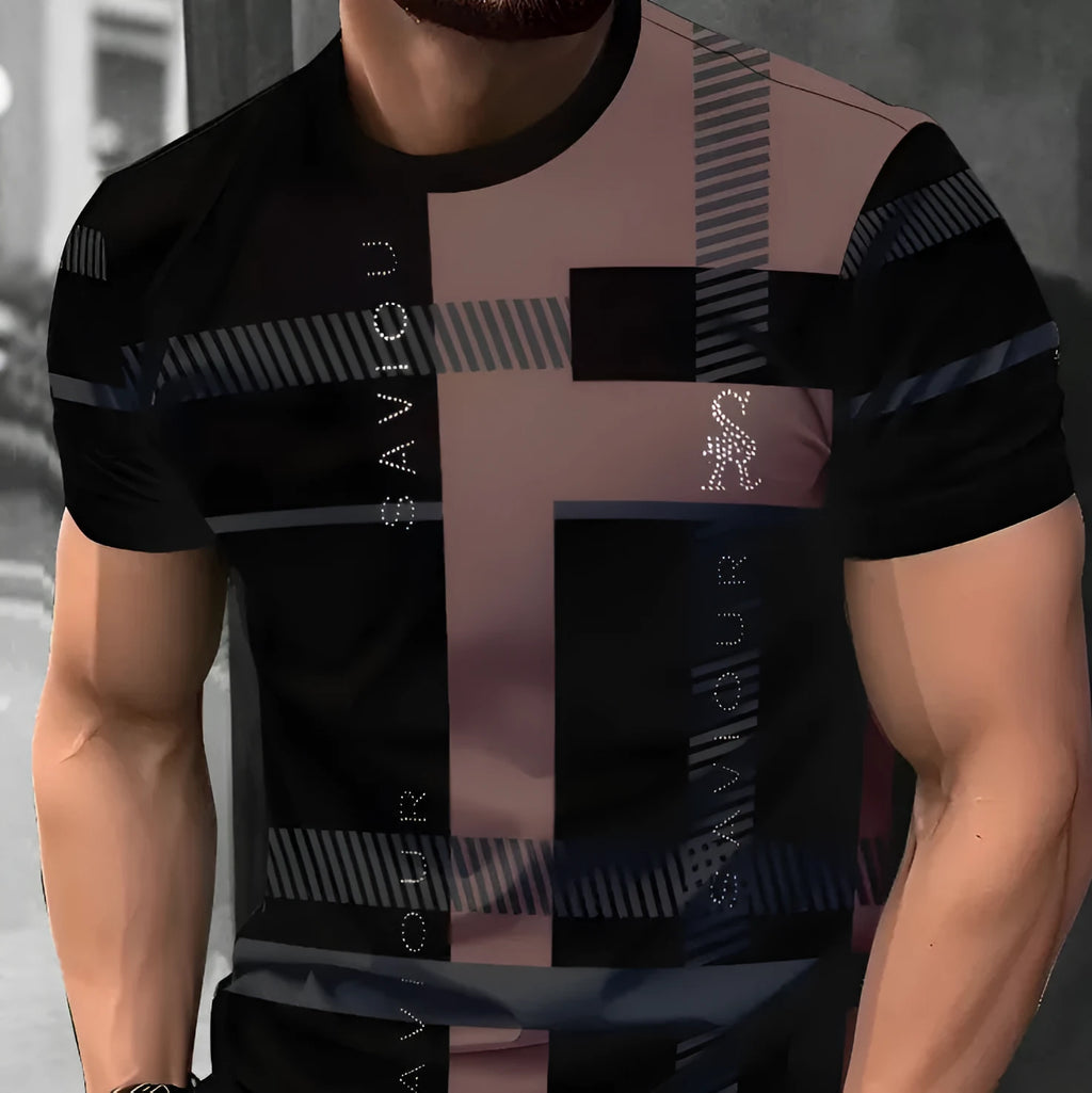 Men's loose fit short-sleeved T-shirt with digital 3D printed striped pattern in polyester fabric