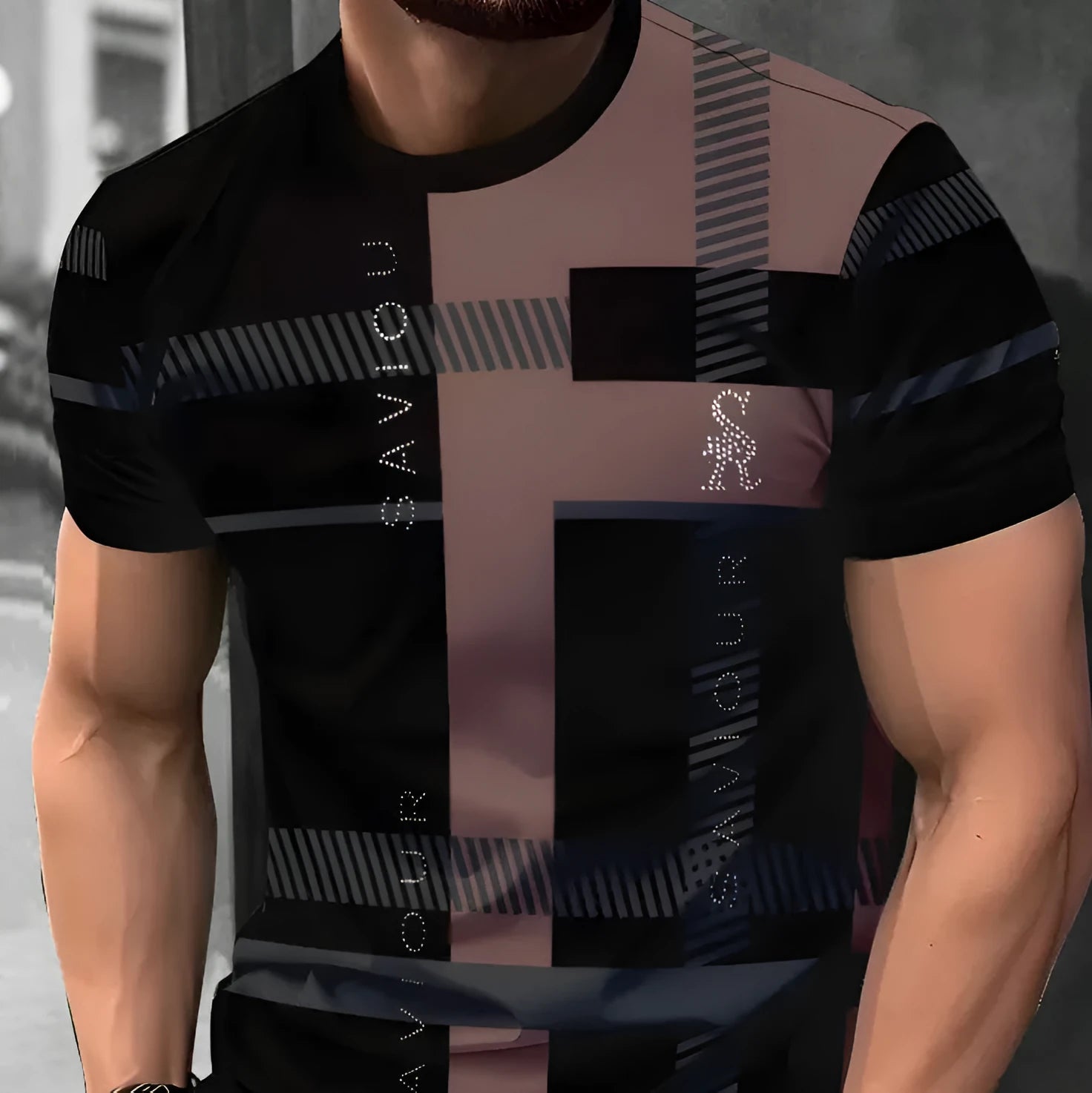 Men's loose fit short-sleeved T-shirt with digital 3D printed striped pattern in polyester fabric