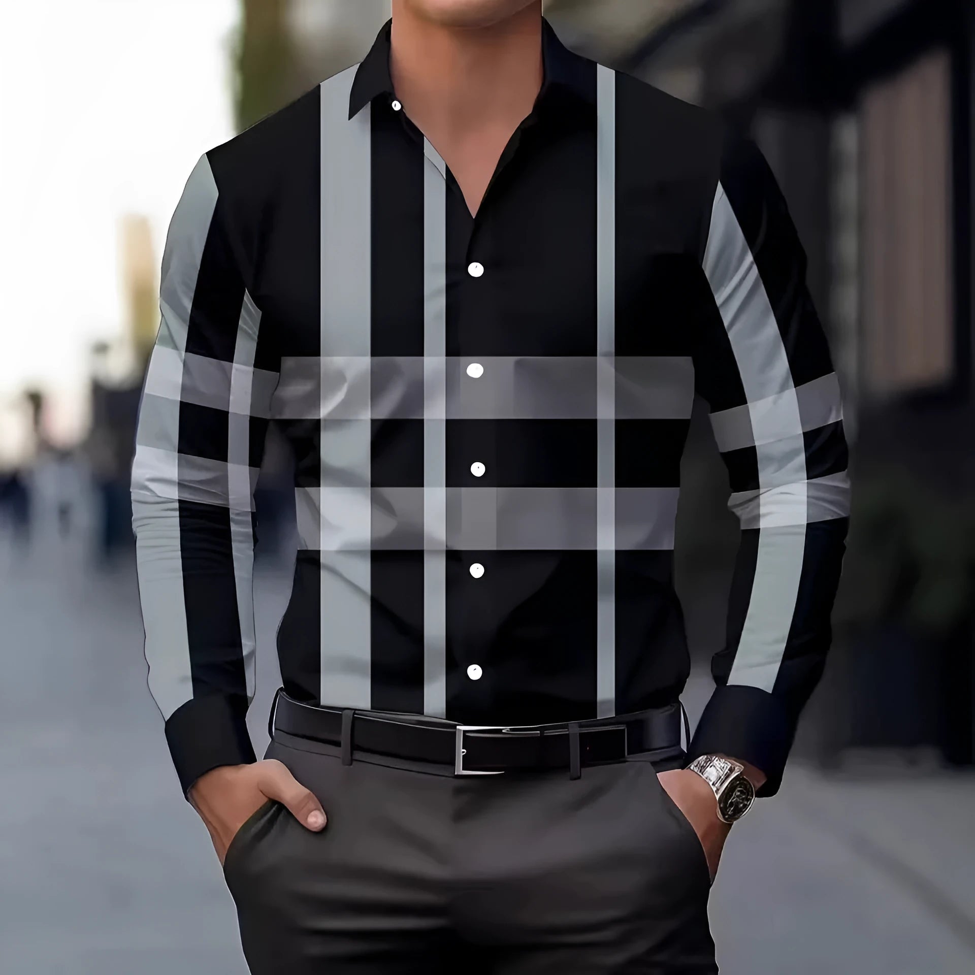 Men's striped long sleeve shirt with a button lapel collar in a choice of colours.